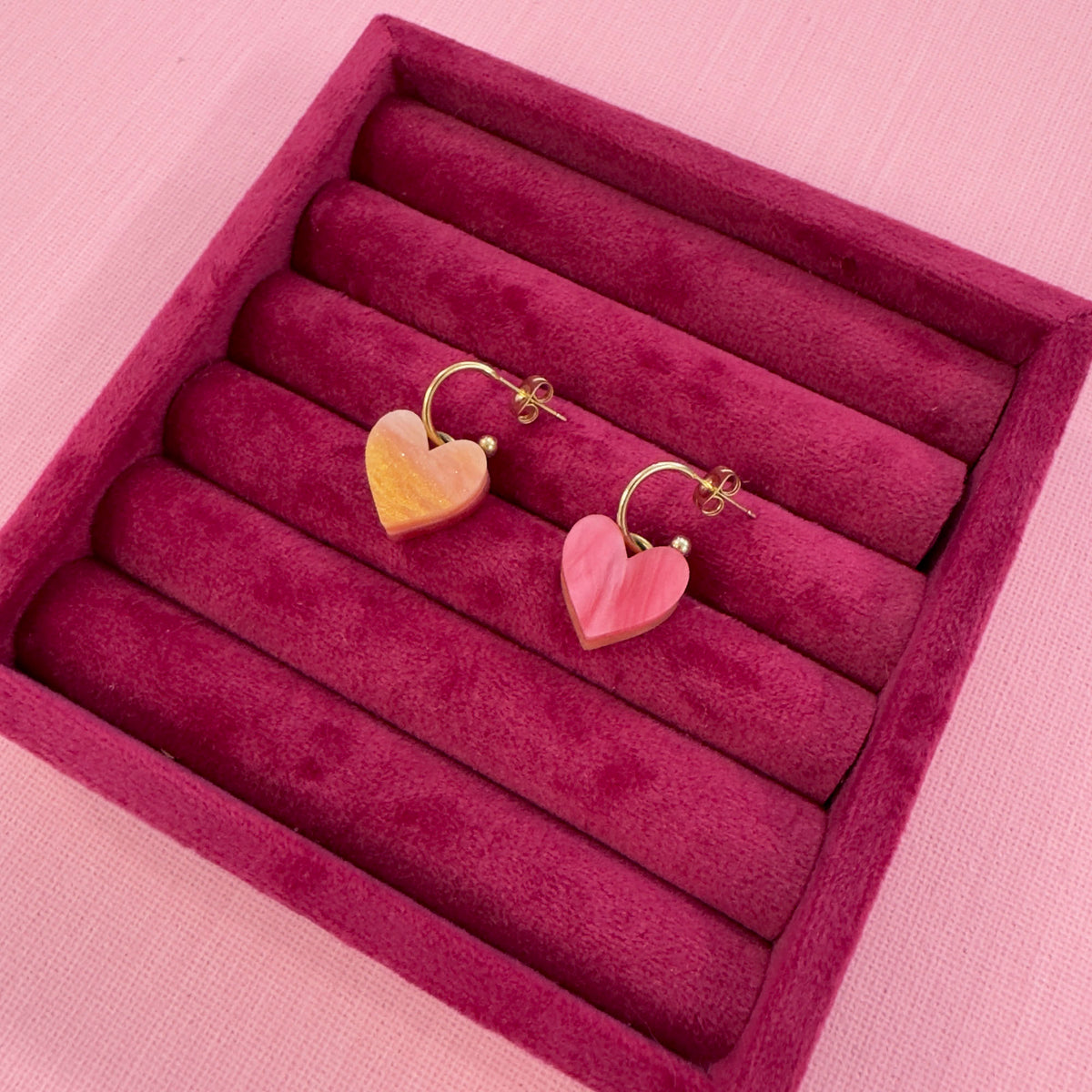 Reversible Heart Dangle Hoop Earrings - Orange/ Pink *SAMPLE*