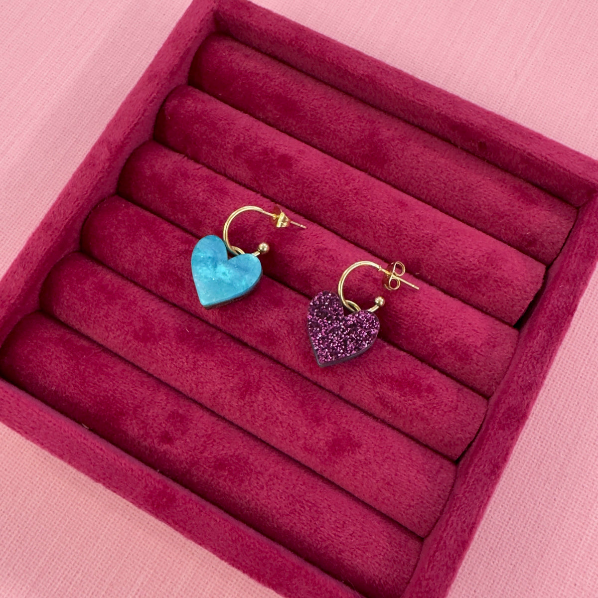Reversible Heart Dangle Hoop Earrings - Blue/ Purple *SAMPLE*