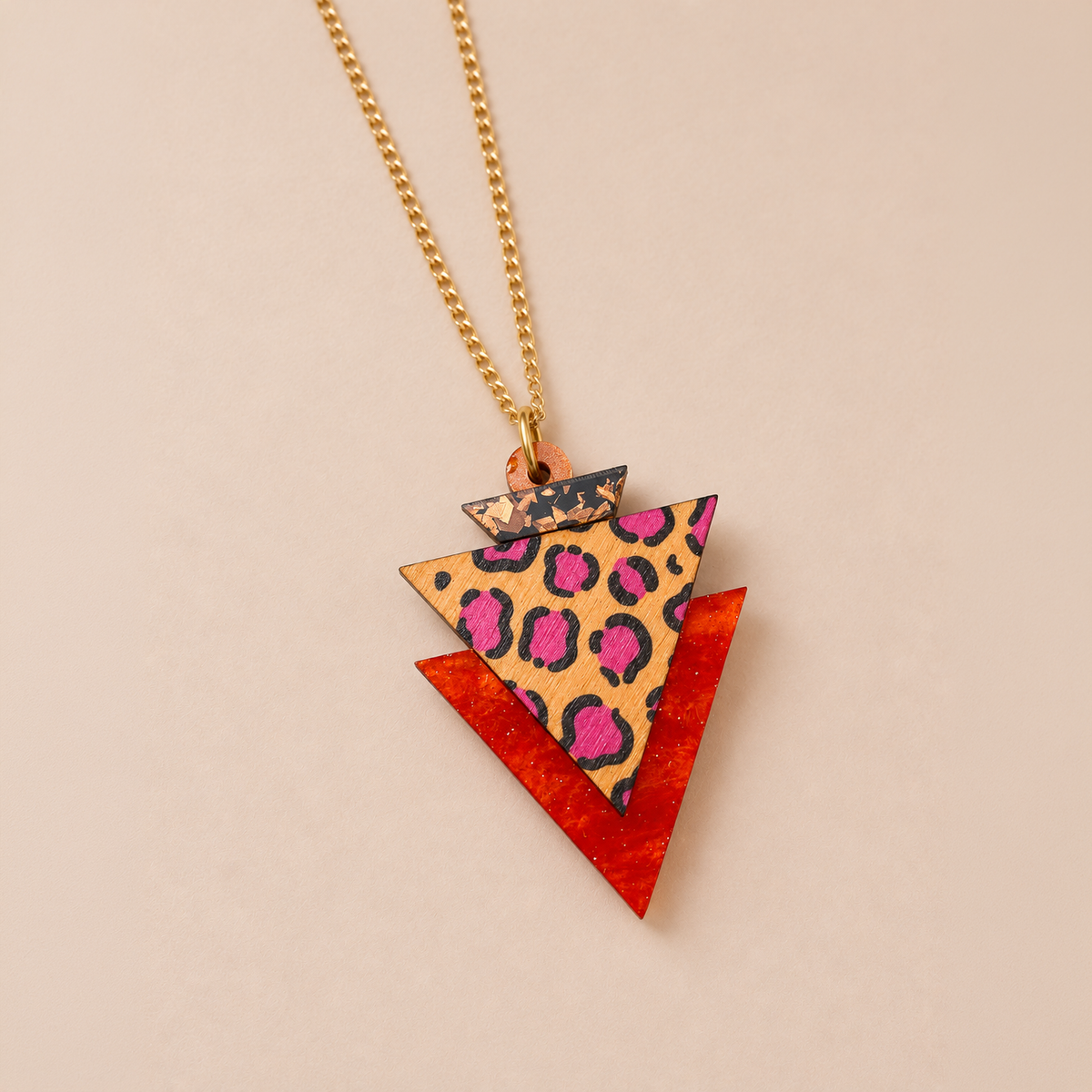 Wild Orange Leopard Print Triangle Pendant Necklace