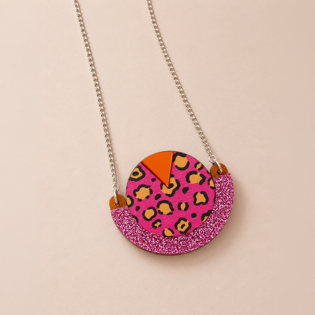Wild Pink Leopard Print Round Pendant Necklace