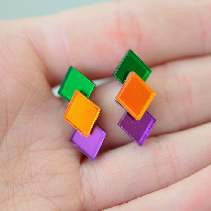 Classic Geometric Stud Earrings - Orange/ Green/ Purple