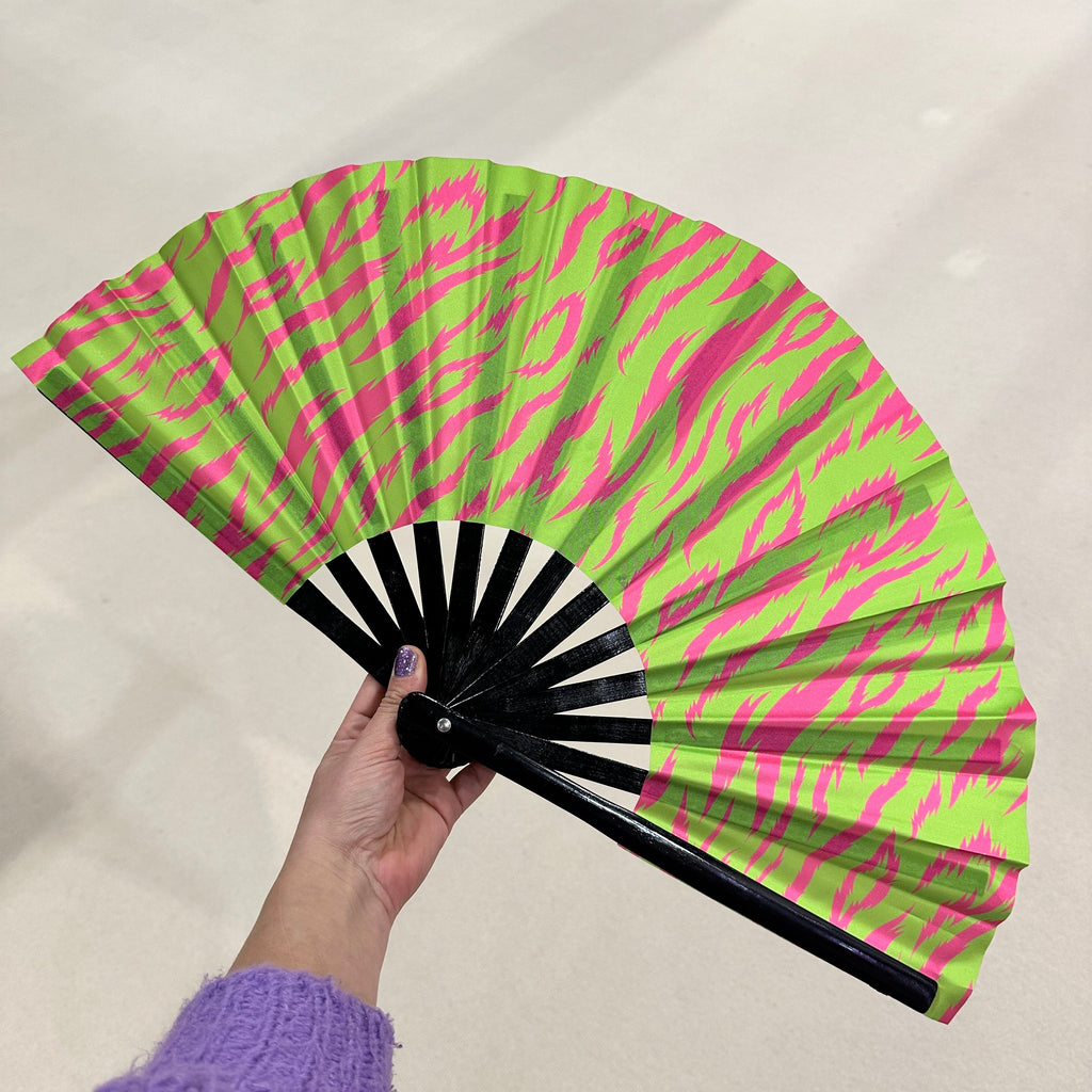 Giant Clacking Hand Fan with Lime & Pink Tiger Animal Print (Glows in ...