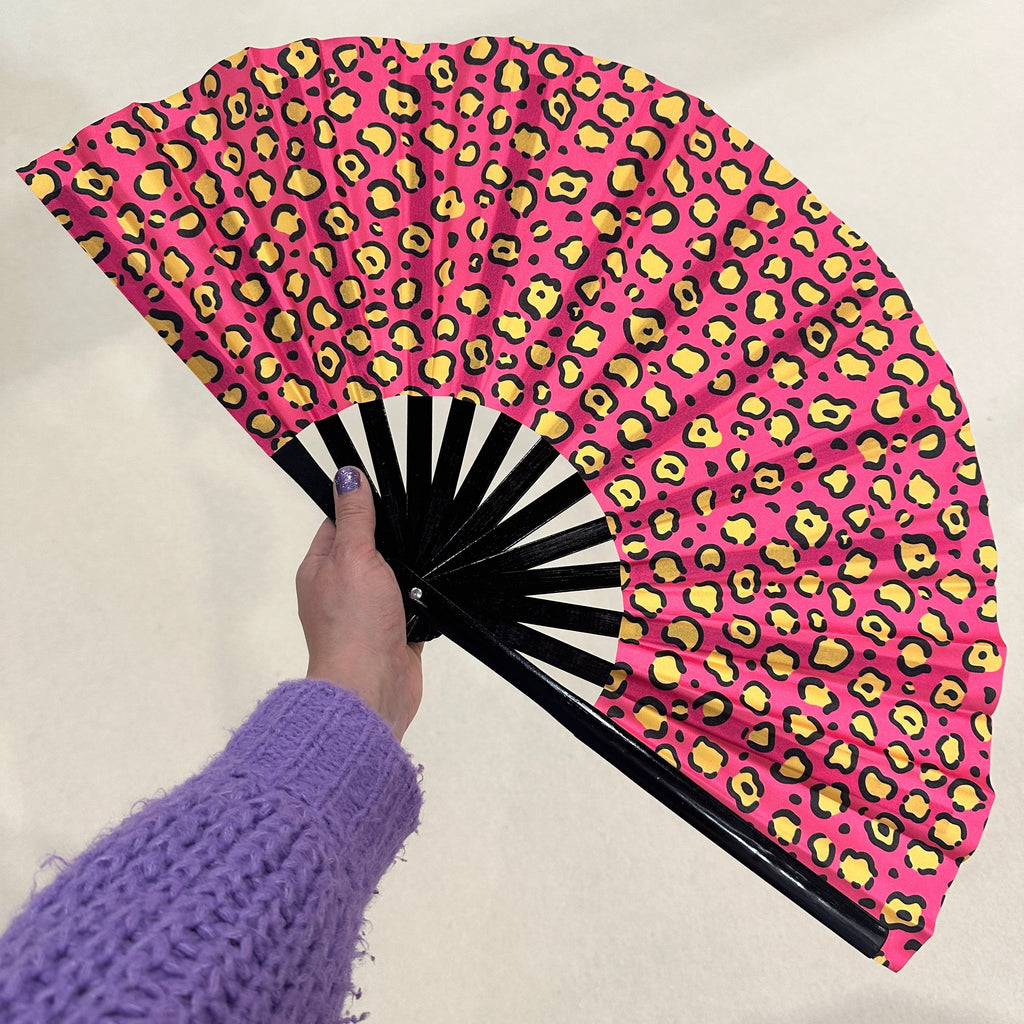 Giant Clacking Hand Fan with Pink Leopard Animal Print (Glows in UV ...
