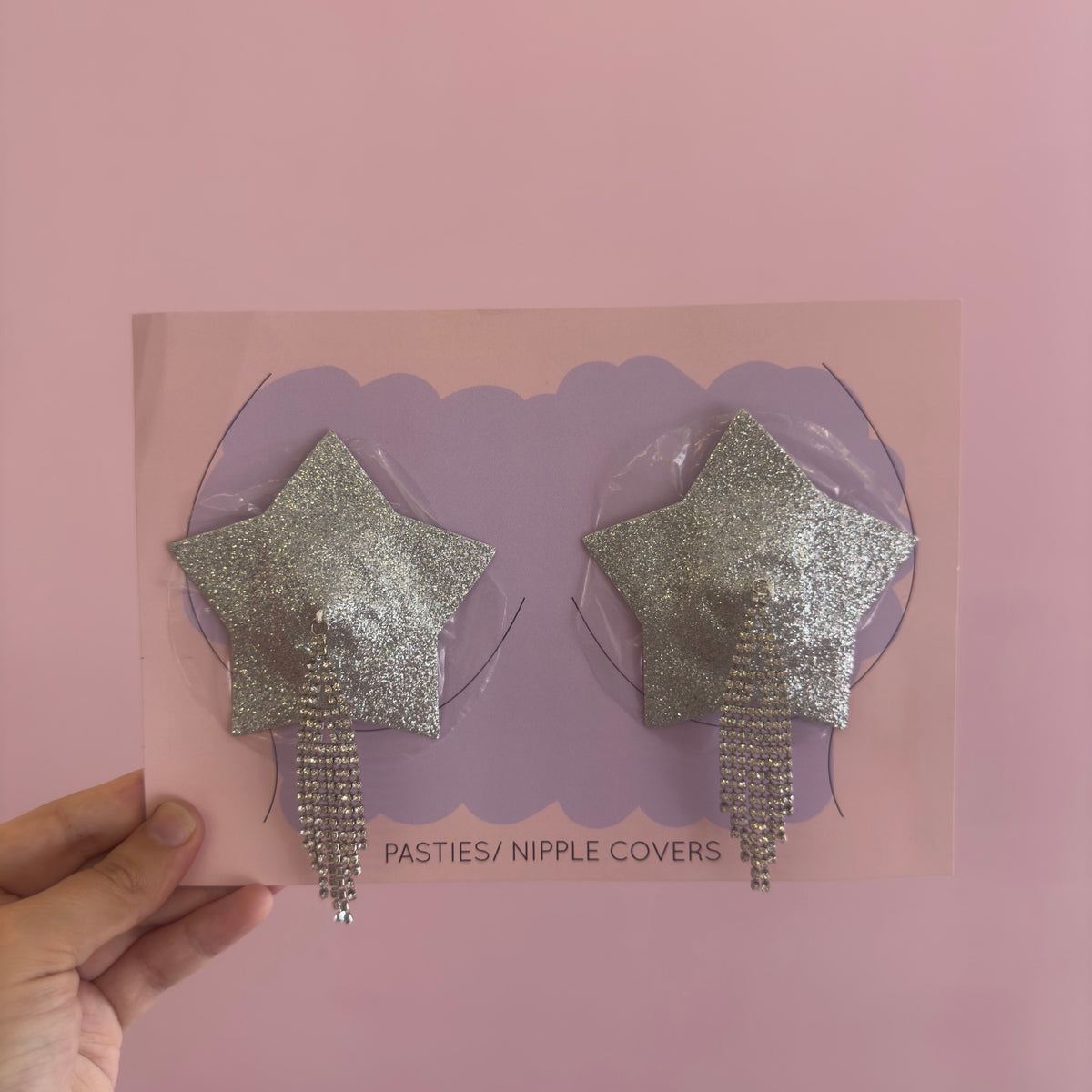 Tit Sticks (Nipple Covers) - Silver Glitter Stars with Tassels, view 2