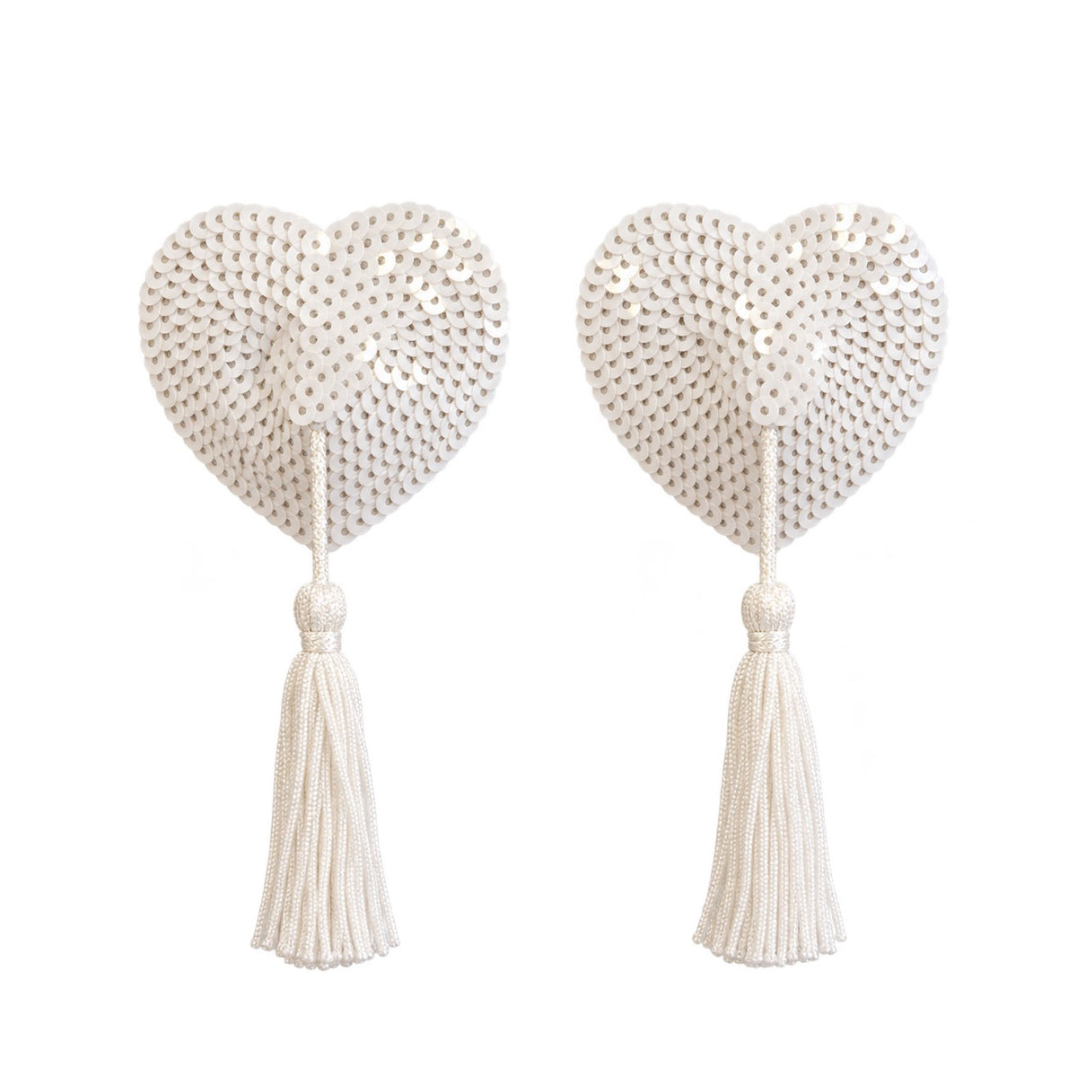 Tit Sticks (Nipple Covers) - White Sequin Hearts with Tassels