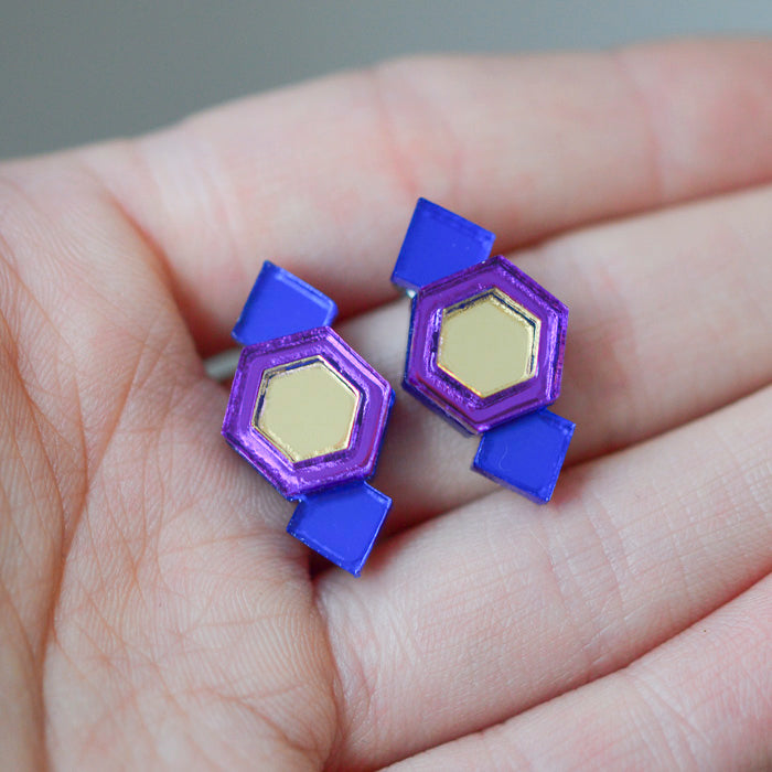 Classic Geometric Stud Earrings - Royal Blue/ Purple/ Gold