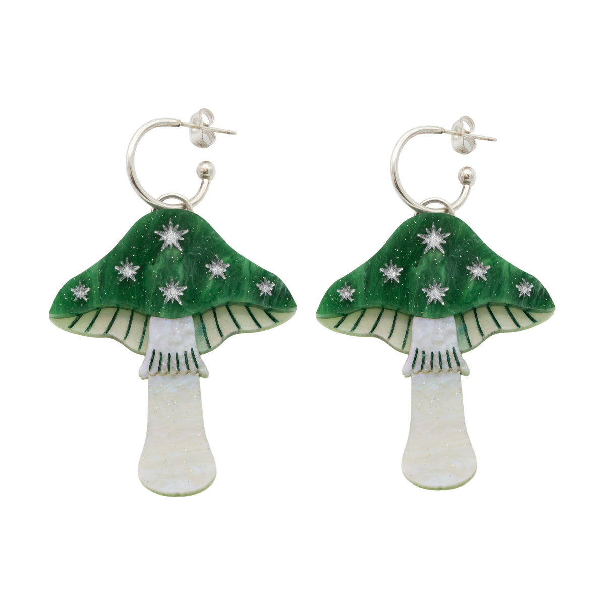 Large Toadstool Dangle Earrings - Green & Silver by Esoteric Dreamland