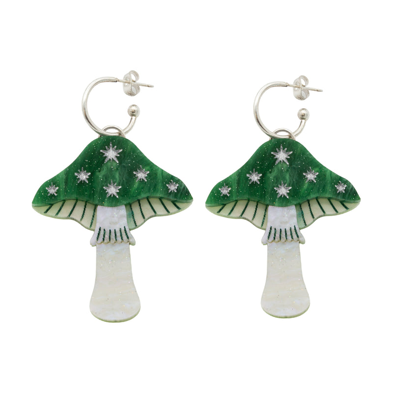 Large Toadstool Dangle Earrings - Green & Silver by Esoteric Dreamland