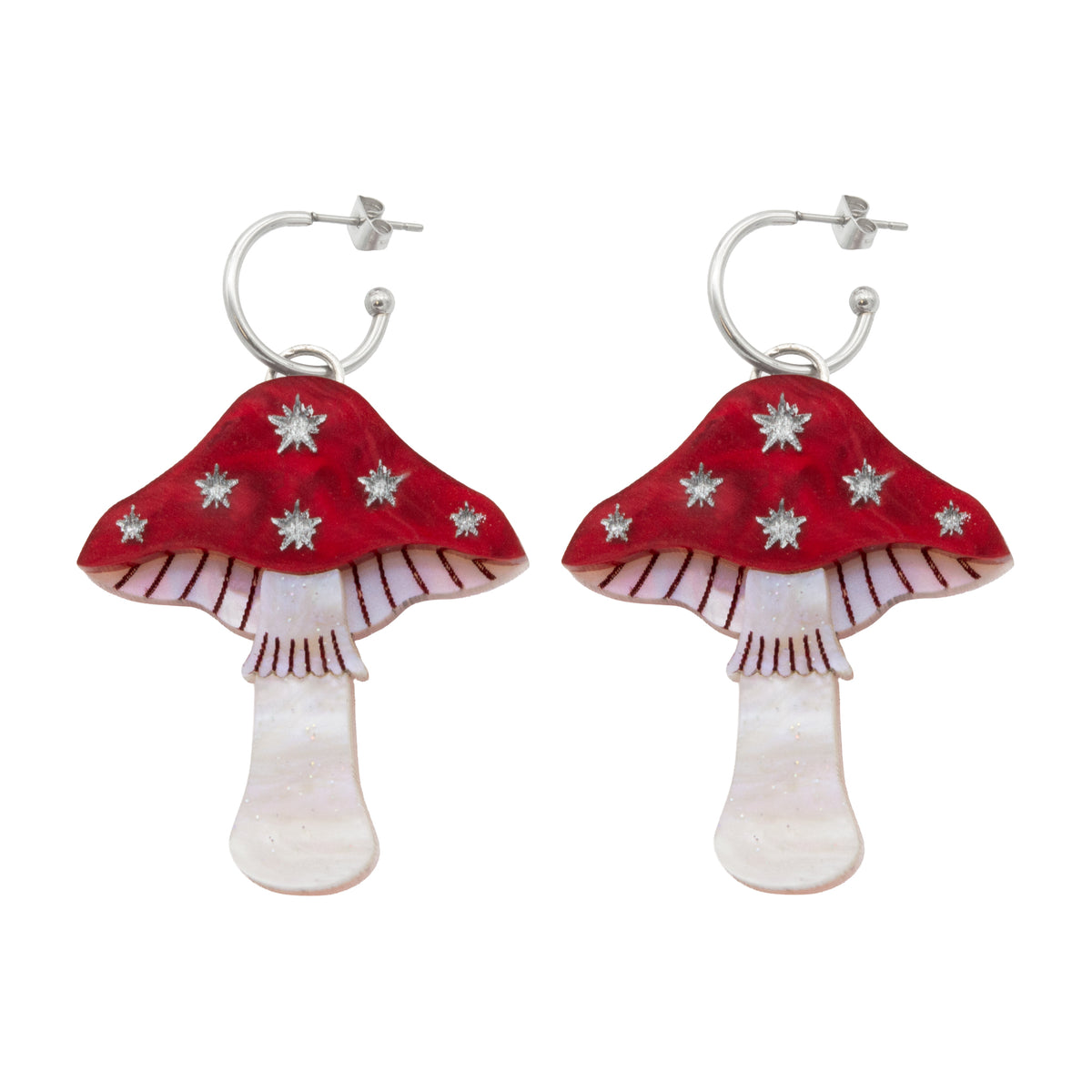 Large Toadstool Dangle Earrings - Red & Silver by Esoteric Dreamland