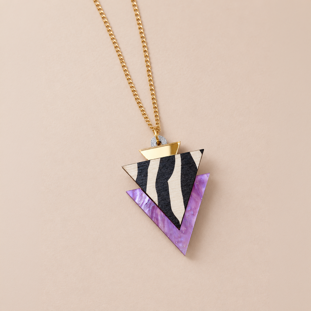 Wild Gold & Lilac Zebra Print Triangle Pendant Necklace