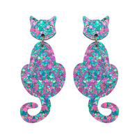 Cat Dangle Earrings - Lilac/ Turquoise Holographic Confetti
