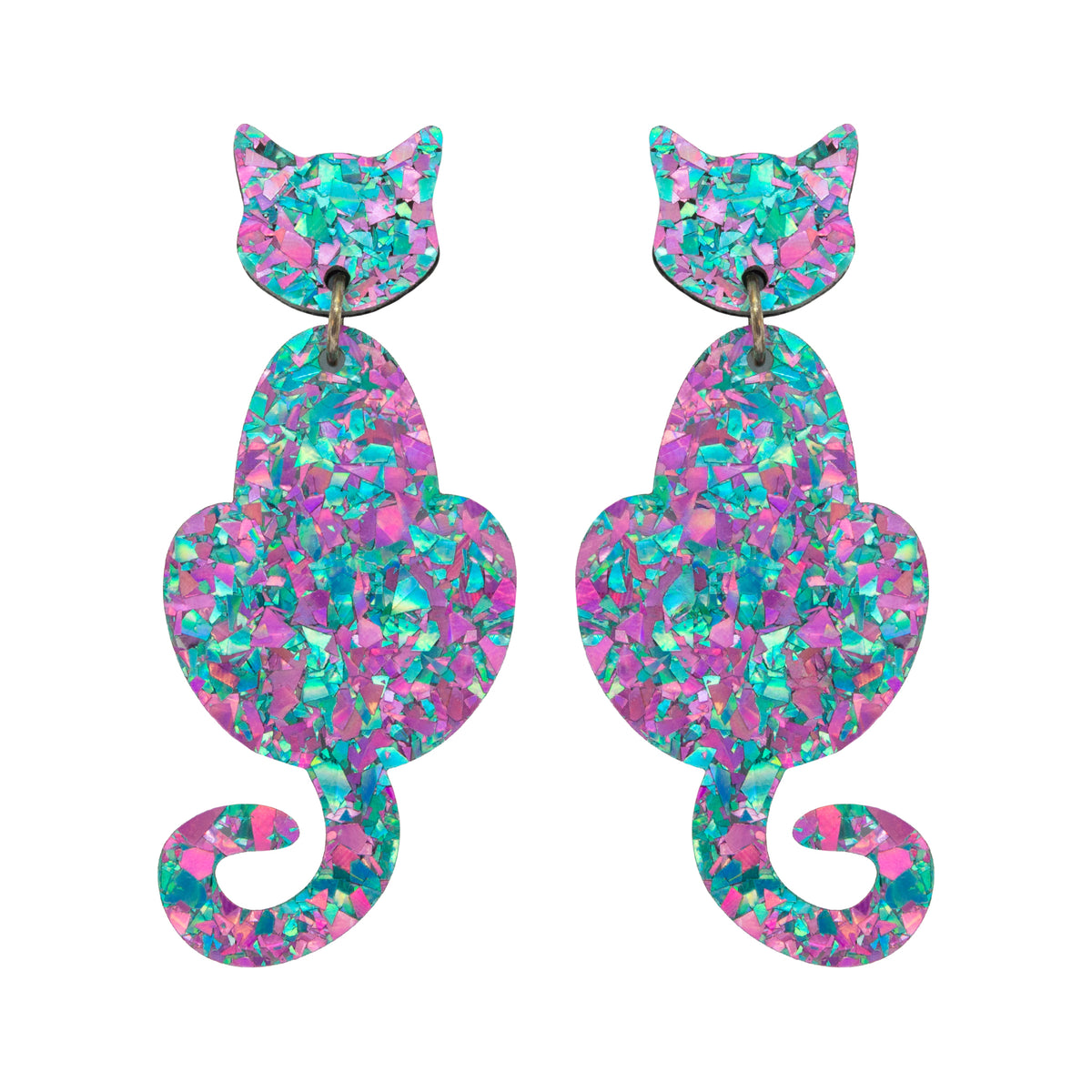 Cat Dangle Earrings - Lilac/ Turquoise Holographic Confetti