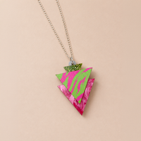 Wild Pink & Lime Tiger Print Triangle Pendant Necklace