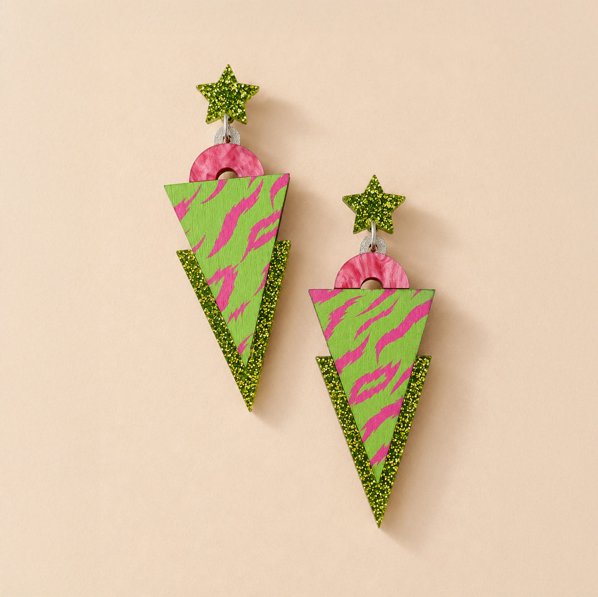 Wild Pink & Lime Tiger Print Triangle Dangle Studs