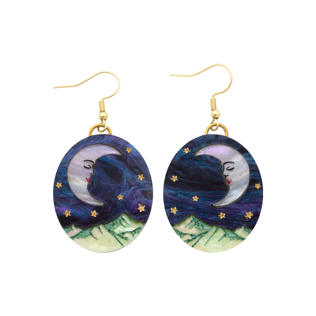 Oval moon mountain dangle earrings on gold ear wires, sleeping moon, gold stars and green peaks, on white