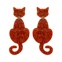 Cat Dangle Earrings - Orange Glitter