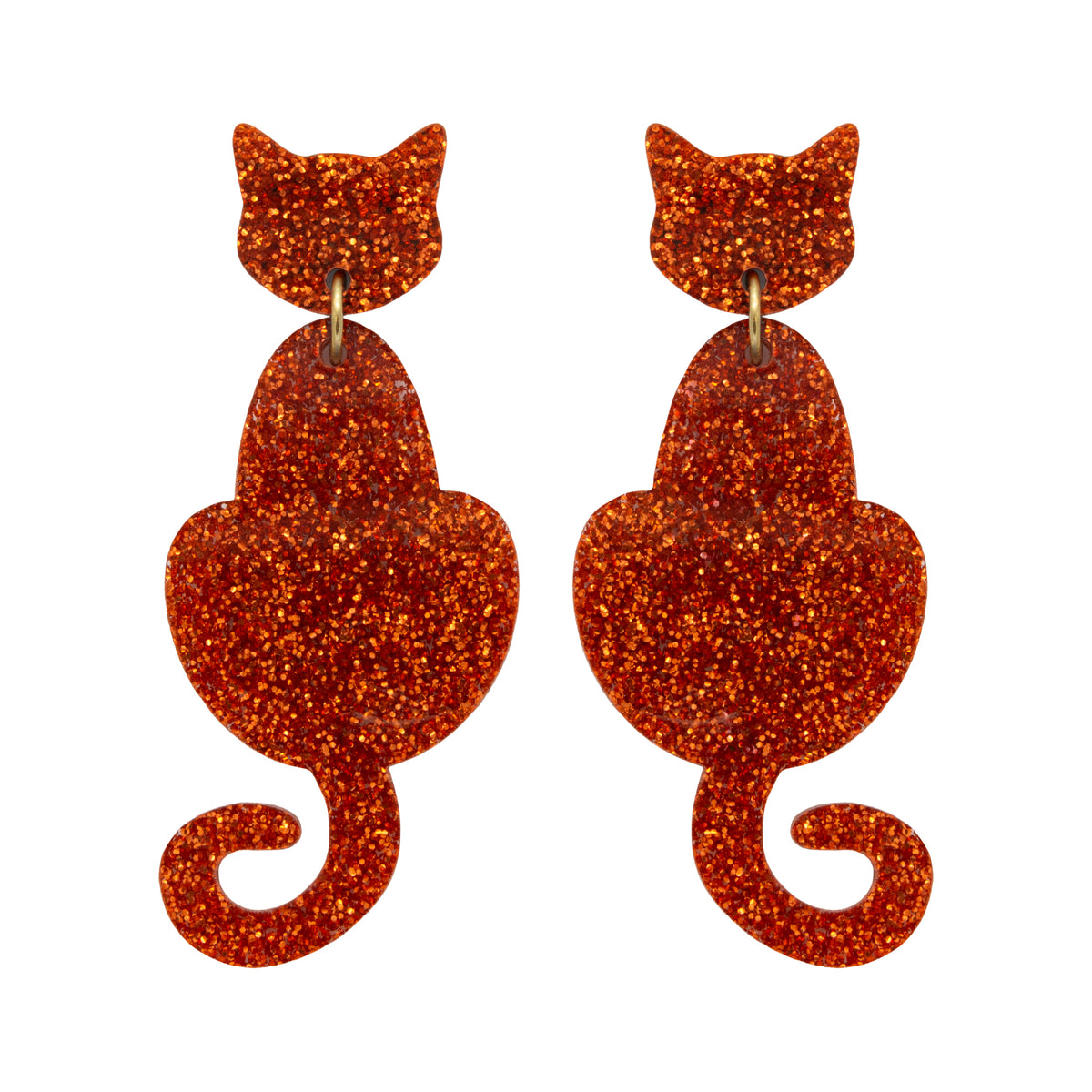 Cat Dangle Earrings - Orange Glitter