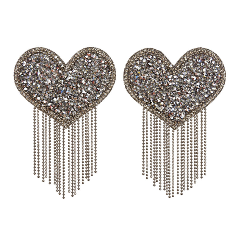 Tit Sticks (Nipple Covers) - Silver Diamanté Hearts with Fringing by Esoteric Dreamland