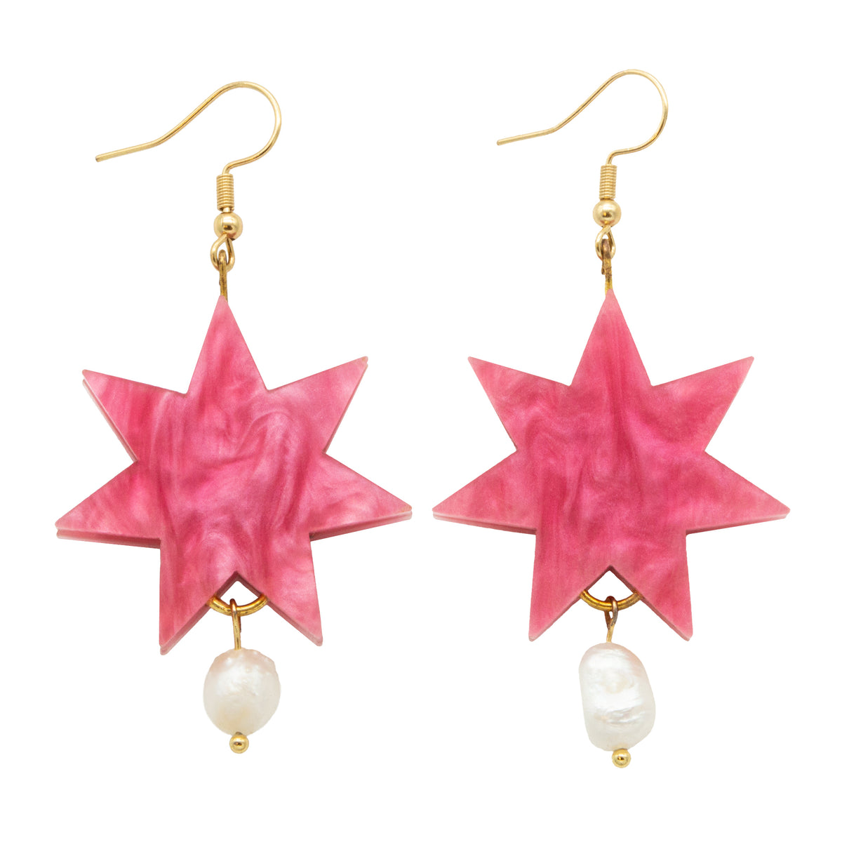Marble Star Dangle Earrings with Pearl - Pink