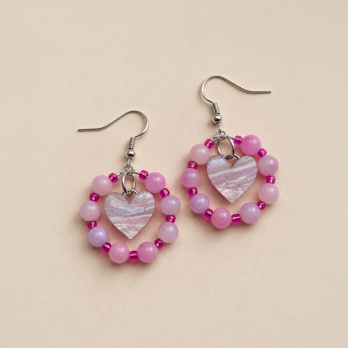 Baby Pink Beaded Crystal Heart Dangle Earrings *SAMPLE*