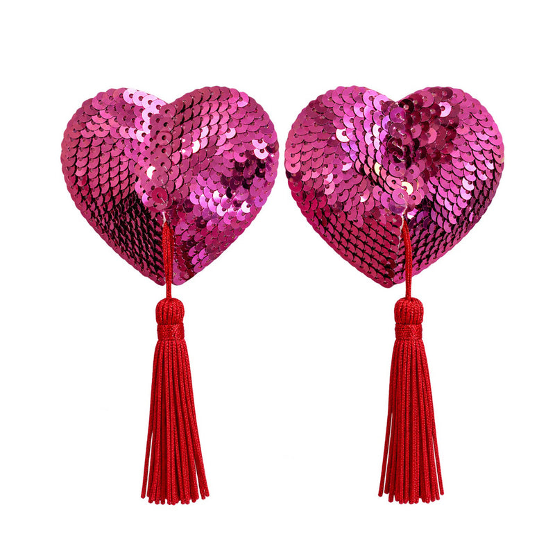 Tit Sticks (Nipple Covers) - Pink Sequin Hearts with Tassels by Esoteric Dreamland