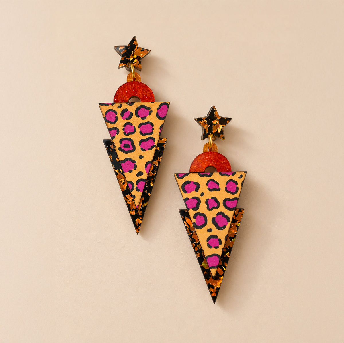 Wild Orange Leopard Print Triangle Dangle Studs