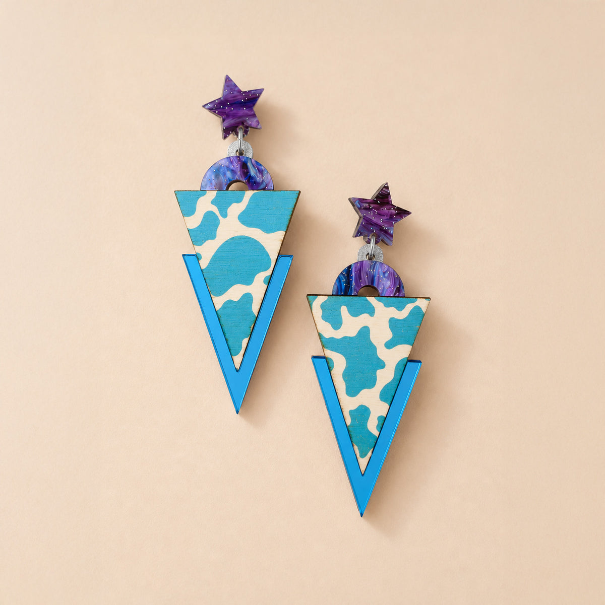 Wild Blue Cow Print Triangle Dangle Studs