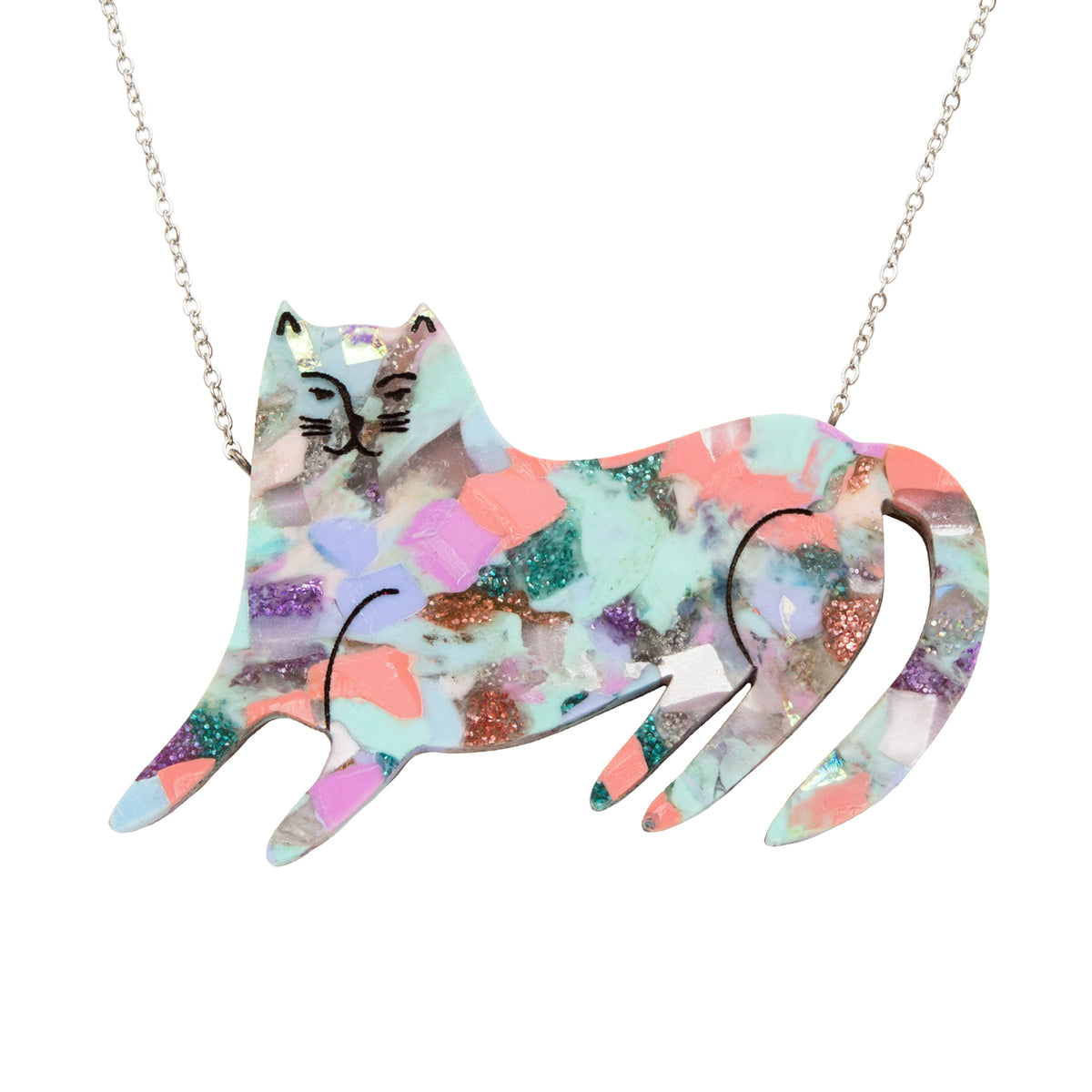 Smug cat necklace in mint, coral, lilac and glitter acrylic confetti with a black engraved face, on white