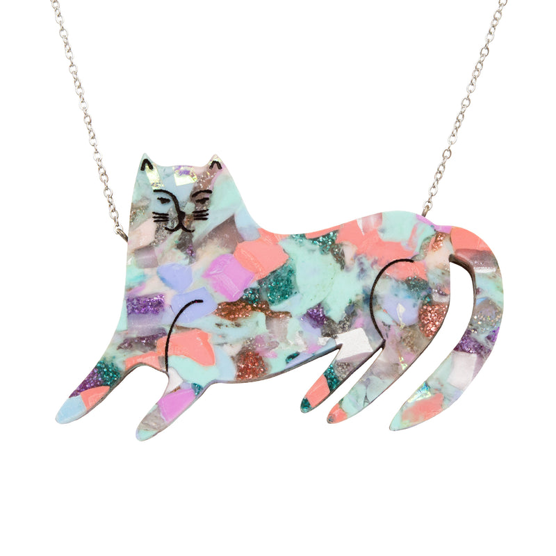 Recycled Acrylic Smug Cat Necklace - Mardi Gras by Esoteric Dreamland