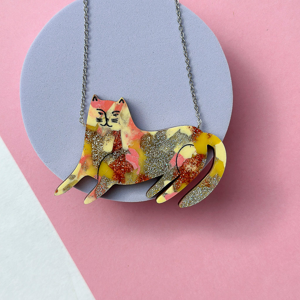 Recycled Acrylic Smug Cat Necklace - Tropical
