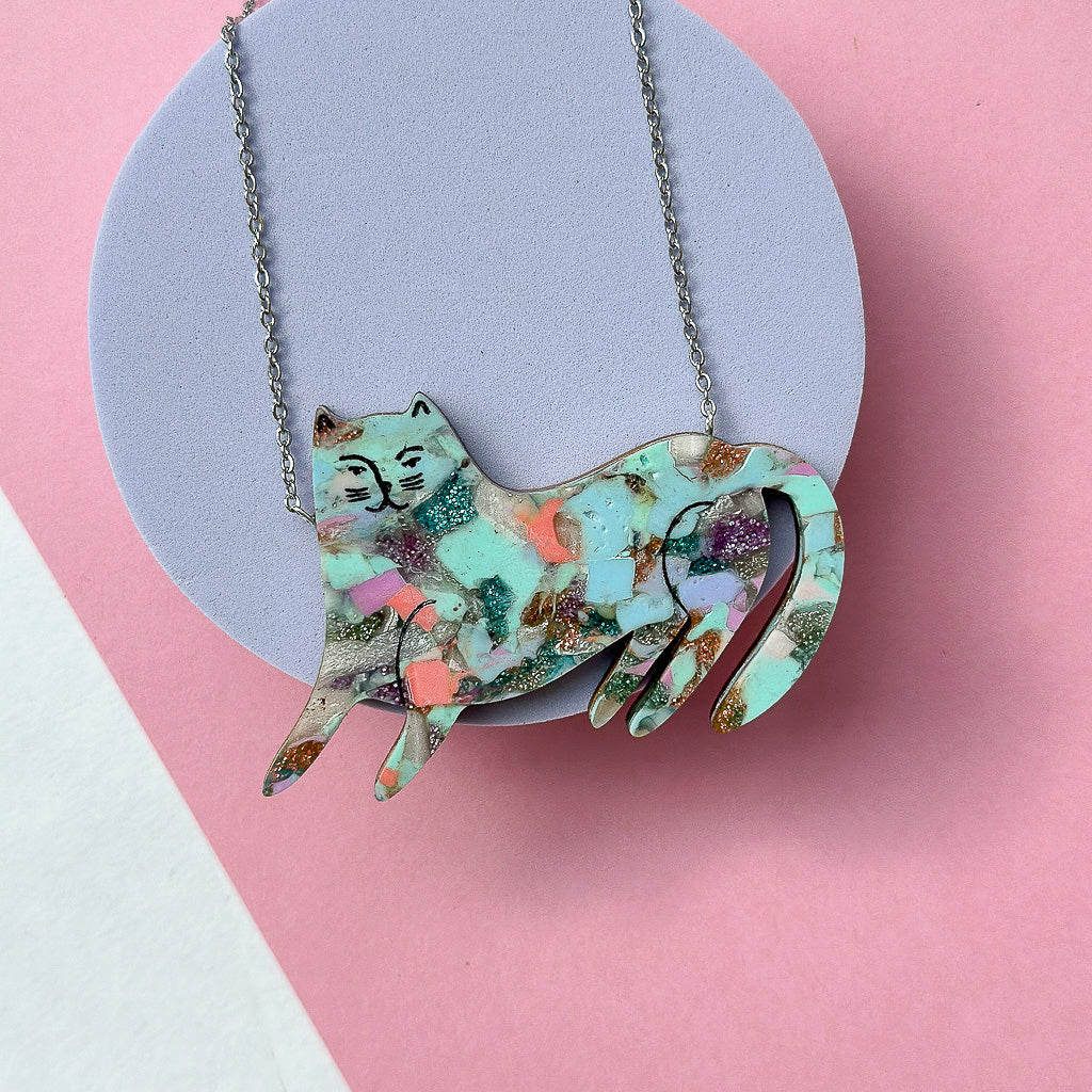 Recycled Acrylic Smug Cat Necklace - Mardi Gras