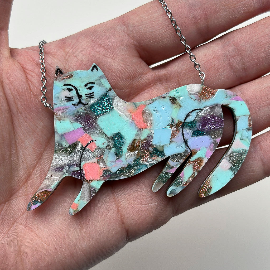 Recycled Acrylic Smug Cat Necklace - Mardi Gras