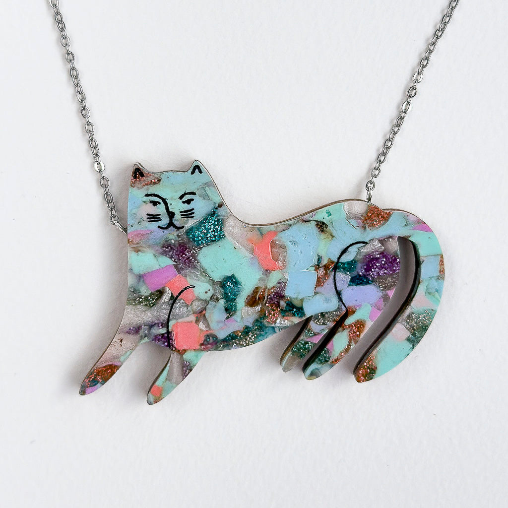 Recycled Acrylic Smug Cat Necklace - Mardi Gras