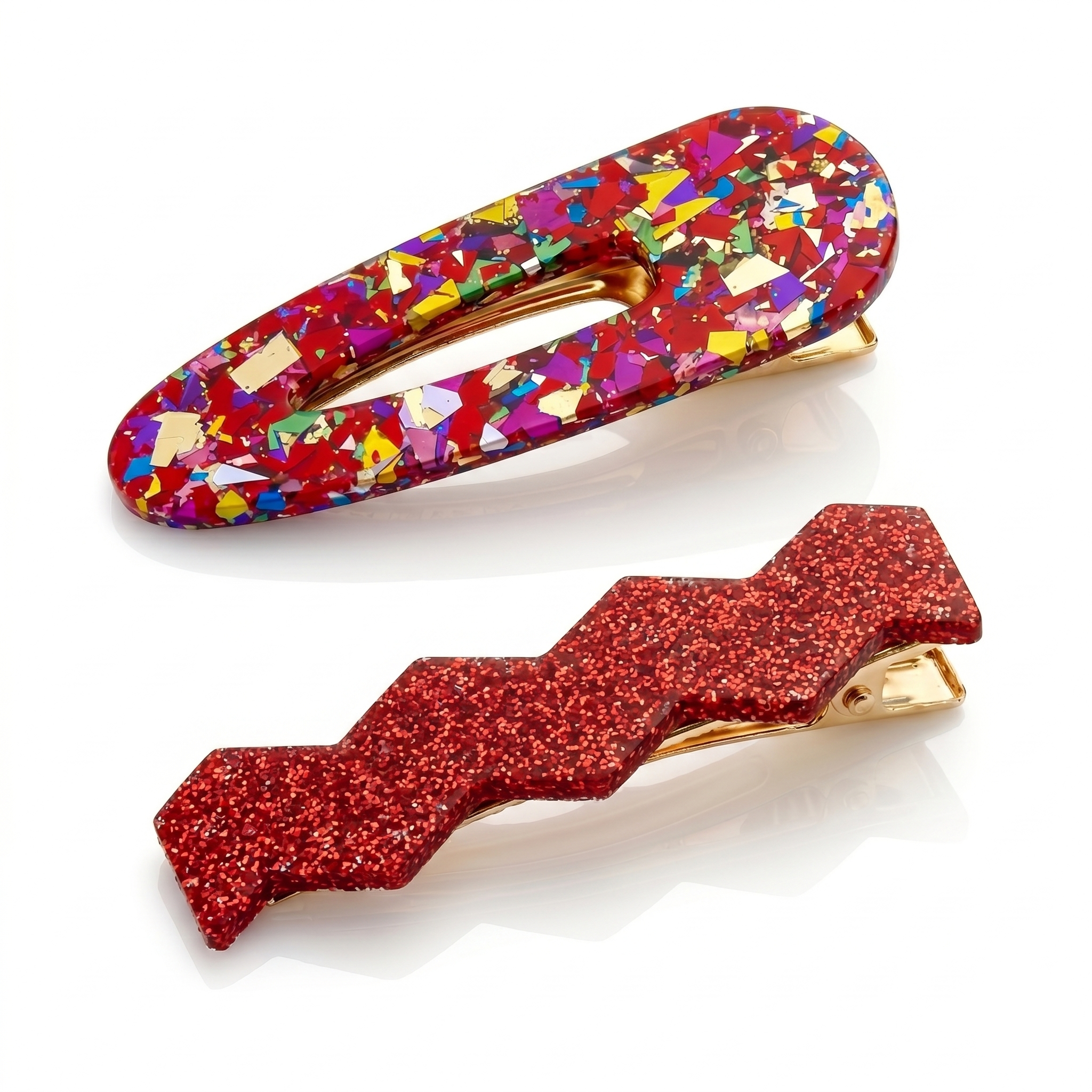 Confetti & Zig Zag Disco Hair Clips - Red