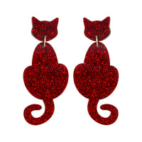 Cat Dangle Earrings - Red Glitter