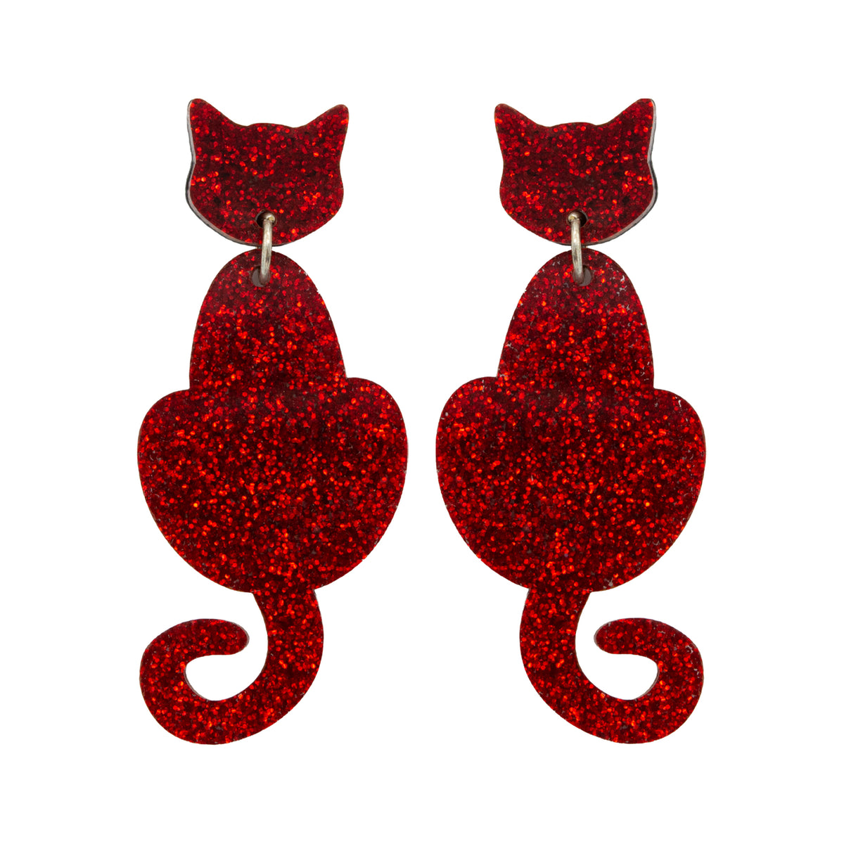 Cat Dangle Earrings - Red Glitter