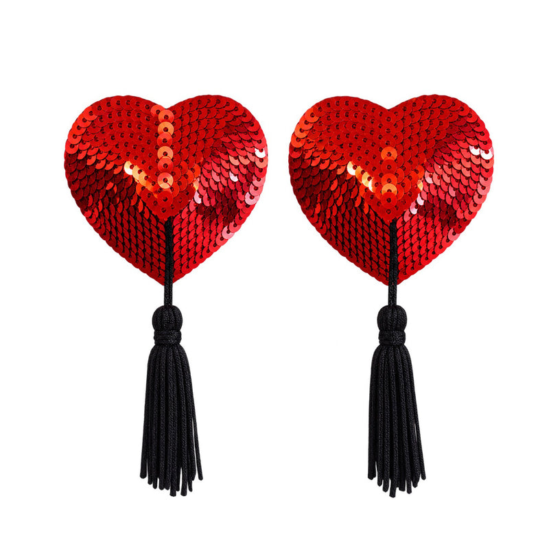 Tit Sticks (Nipple Covers) - Red Sequin Hearts with Tassels by Esoteric Dreamland