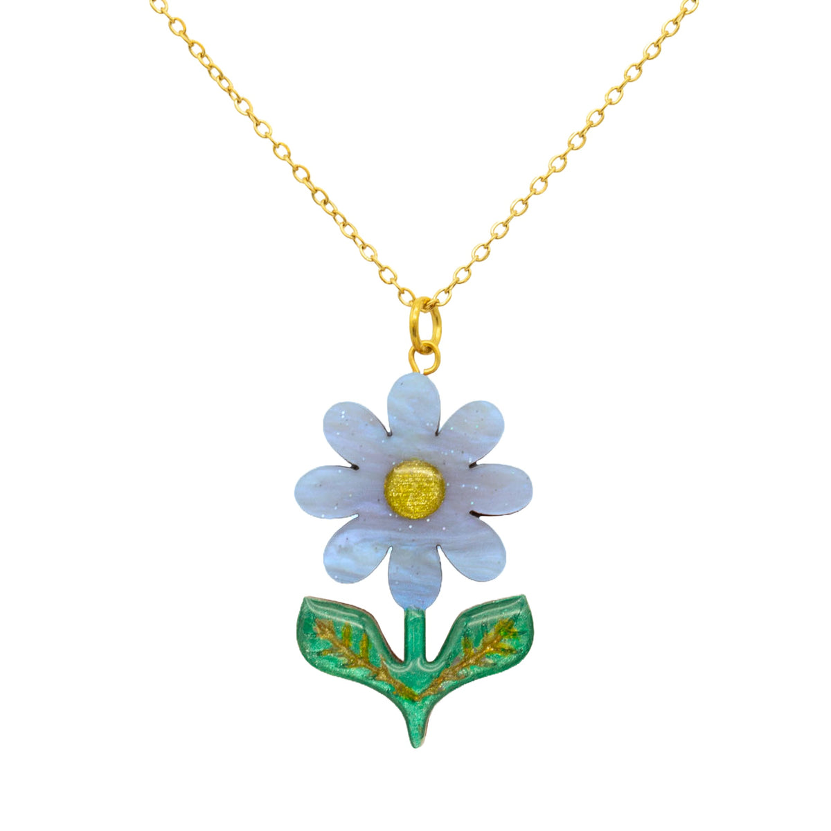 Sky blue pearlescent acrylic daisy pendant with gold glitter centre and green leaves, on a gold chain, on white