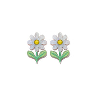 Pair of white-petalled daisy stud earrings with yellow centres and green glitter leaves on a white background