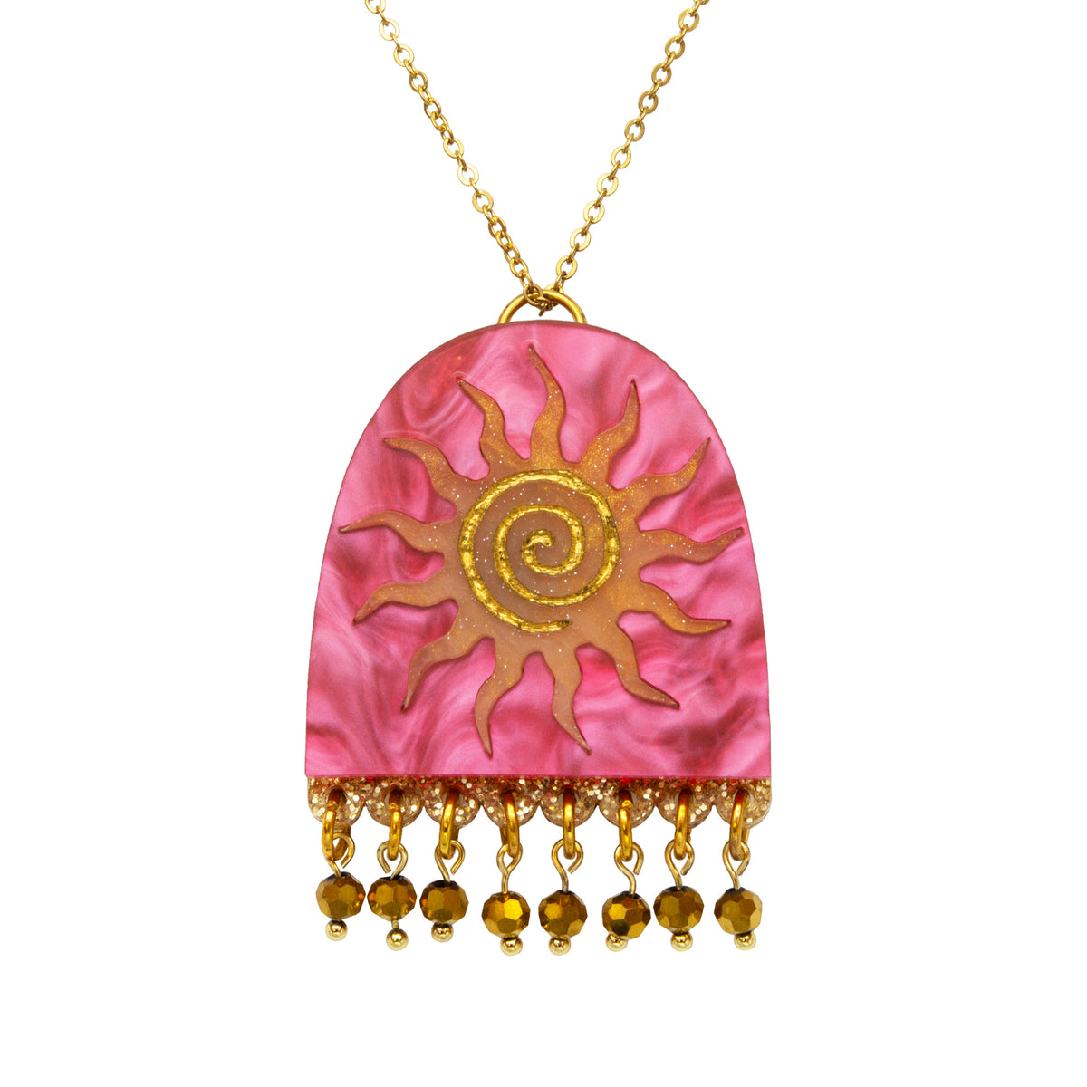 Pink pearlescent arch pendant with orange sun and gold spiral, gold bead fringe, on a gold chain