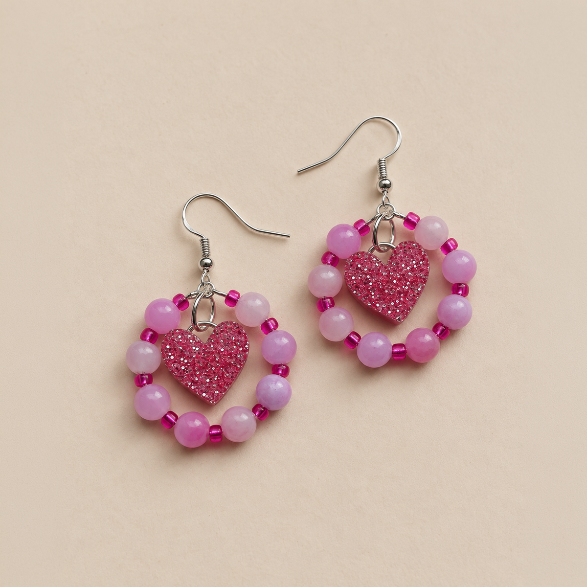 Baby Pink Beaded Crystal Heart Dangle Earrings *SAMPLE*