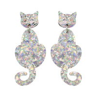 Cat Dangle Earrings - Silver Holographic Confetti