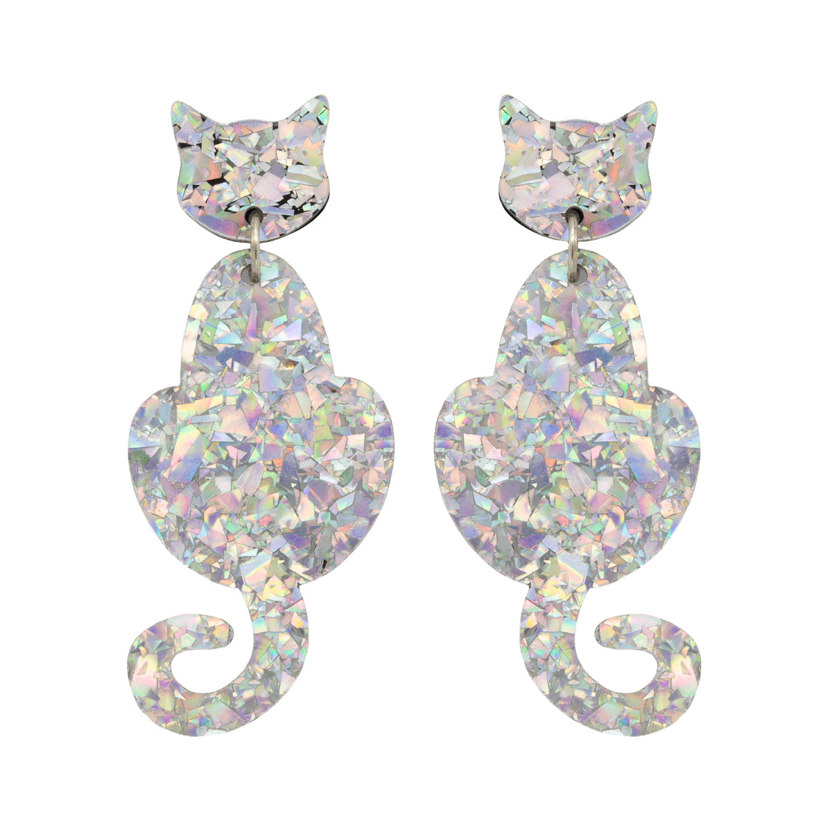Cat Dangle Earrings - Silver Holographic Confetti