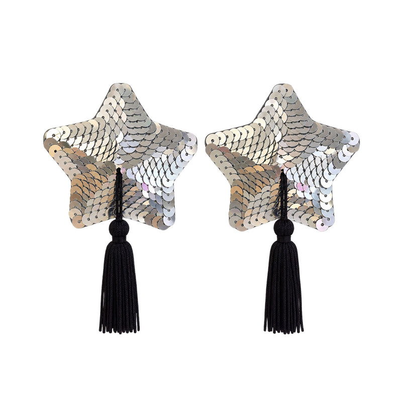 Tit Sticks (Nipple Covers) - Silver Sequin Star with Tassels by Esoteric Dreamland