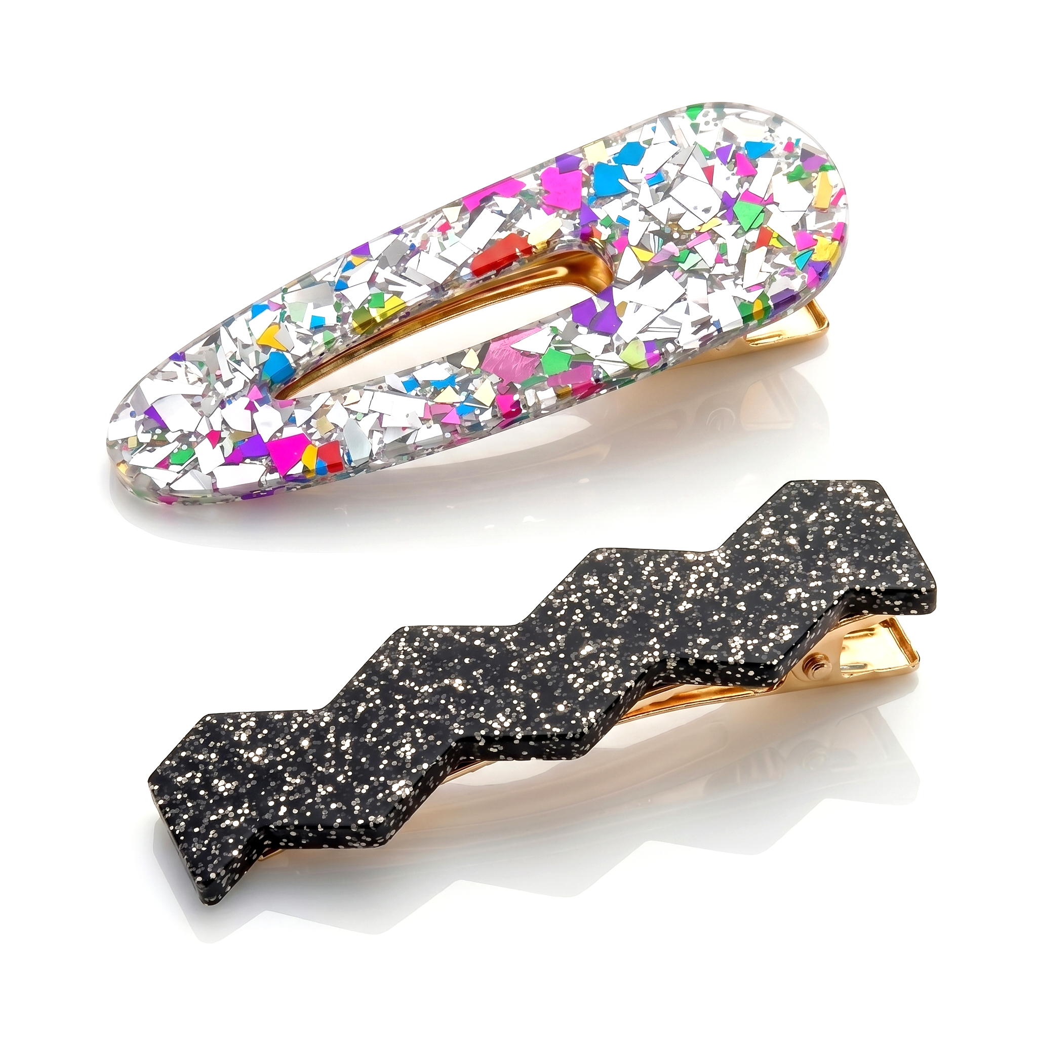 Confetti & Zig Zag Disco Hair Clips - Silver & Black