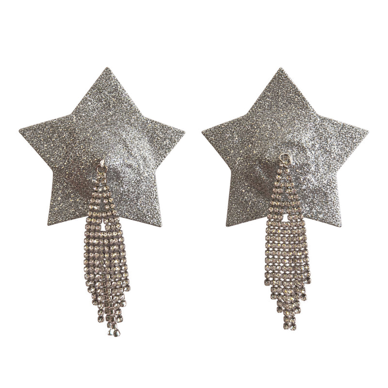 Tit Sticks (Nipple Covers) - Silver Glitter Stars with Tassels by Esoteric Dreamland