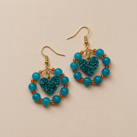 Turquoise & Orange Beaded Crystal Heart Dangle Earrings *SAMPLE*