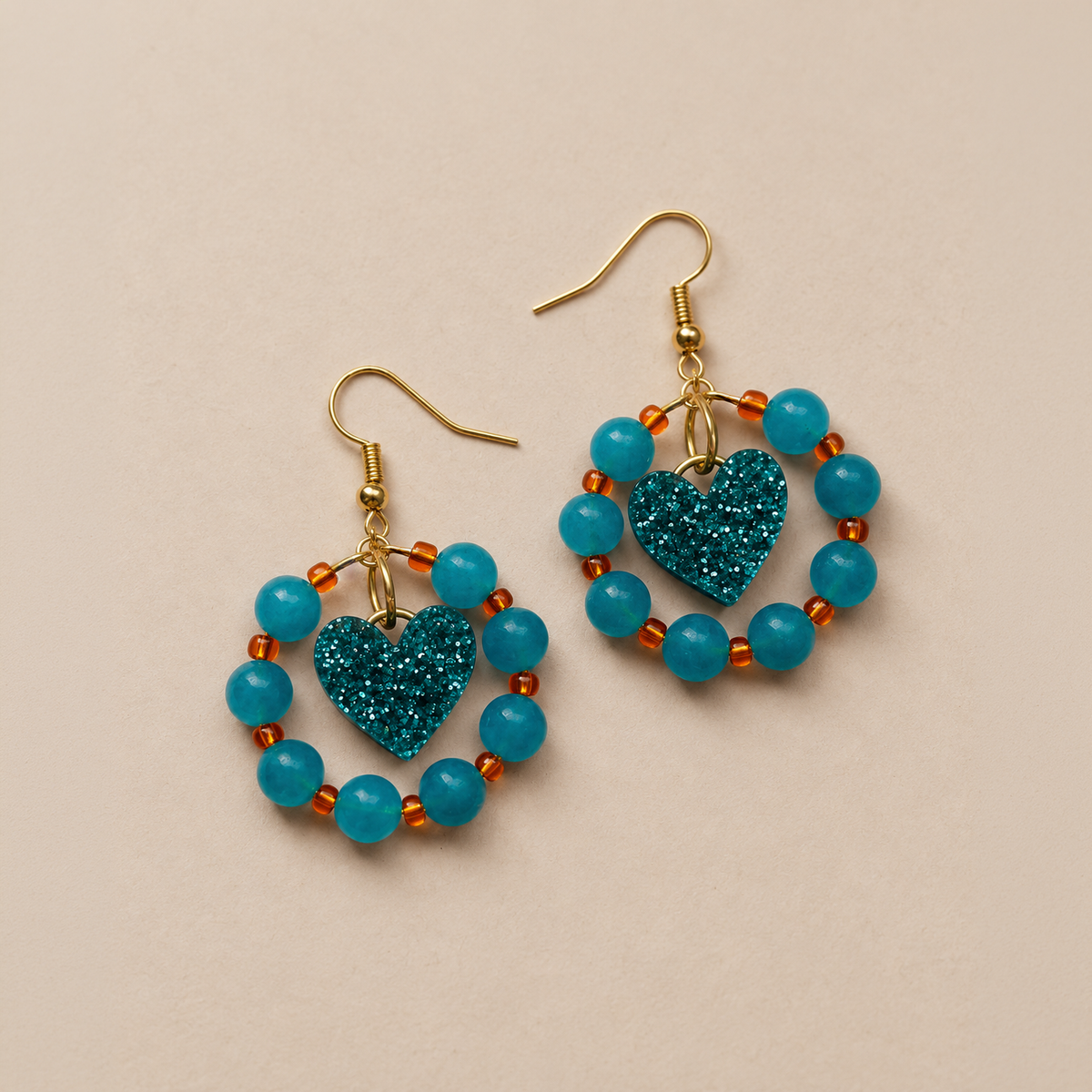 Turquoise & Orange Beaded Crystal Heart Dangle Earrings *SAMPLE*