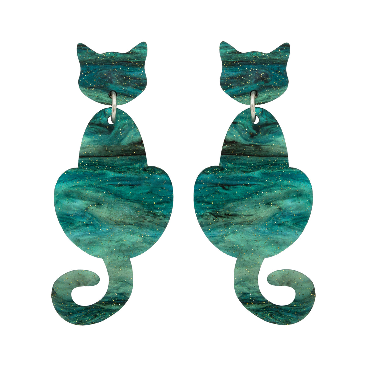 Cat Dangle Earrings - Teal Shimmer Marble