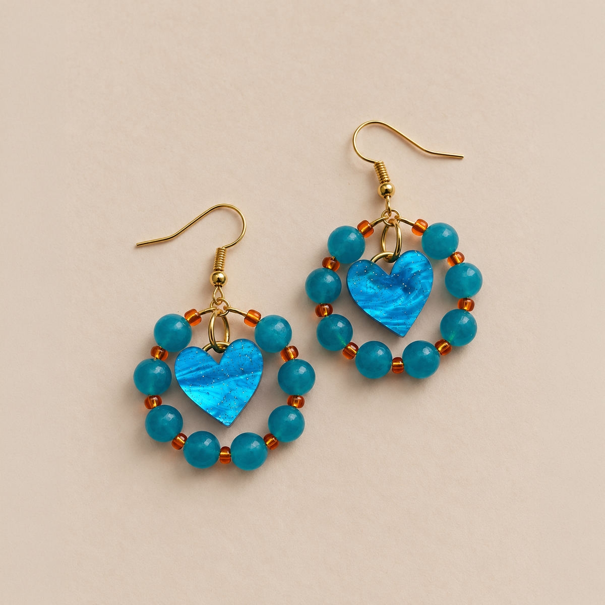 Turquoise & Orange Beaded Crystal Heart Dangle Earrings *SAMPLE*